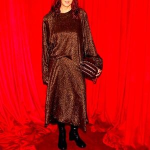 Jil Sander silk brown/bronze midi dress S exaggerated shoulder pads
